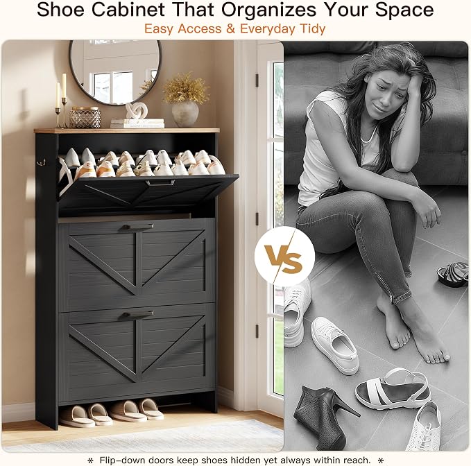 Nicetree Barn Door Shoe Cabinet for Entryway - Modern Farmhouse Shoe Storage Cabinet with 3 Flip Drawers - Slim Hidden Shoe Organizer, 3-Position Adjustable Divider, Fits Size 13, Brushed Black - Image 5