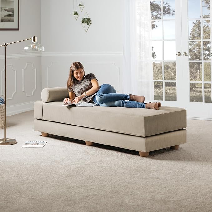 Jaxx Alon Daybed - Fold-Out Sleeper Chaise with Premium Memory Foam Queen-Size Mattress - Made in The USA - Ivory