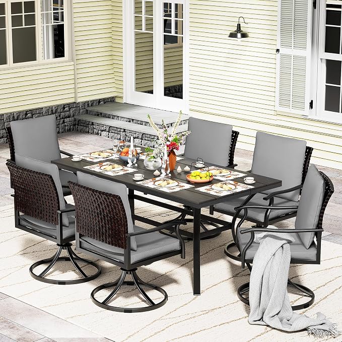 LEVELEVE 7 Piece Outdoor Patio Dining Set with 6 Swivel Dining Chairs & 1 Large Round Dining Table,Bistro Furniture Set for Lawn, Garden, Deck, Backyard and Porch by Enjoyyourlife