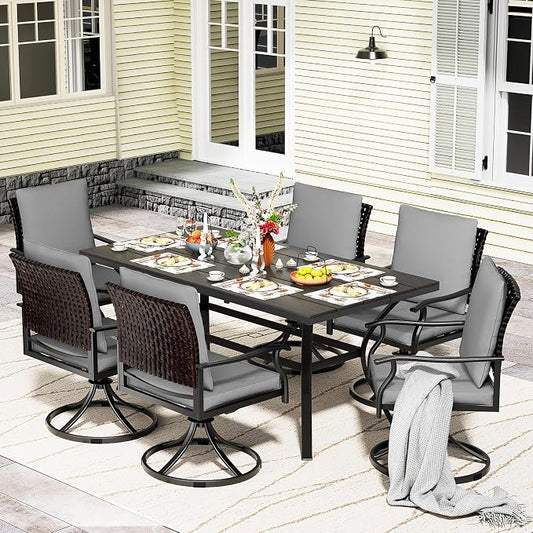 LEVELEVE 7 Piece Outdoor Patio Dining Set with 6 Swivel Dining Chairs & 1 Large Round Dining Table,Bistro Furniture Set for Lawn, Garden, Deck, Backyard and Porch by Enjoyyourlife