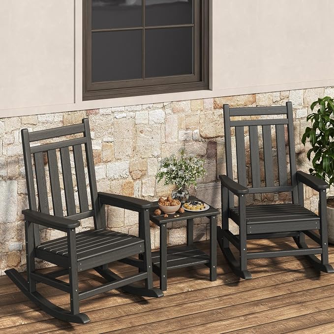 Garvee HDPE Rocking Chair Outdoor Set of 2 with Side Table - Poly High Back Porch Rocker Chairs for Adults - All Weather Resistant Furniture for Patio Front Porch - Black by Garvee