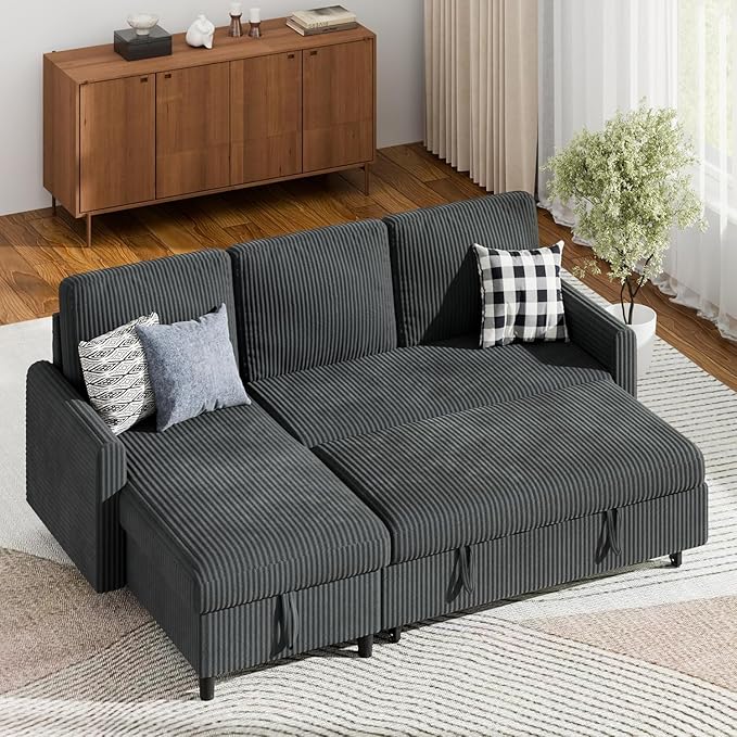 Shintenchi Futon Sofa Bed Convertible Couches L Shaped, 4‑in‑1 Sectional Sleeper Sofa Pull Out Couches for Living Room, Multifunctional Couch with Storage Chaise Corduroy Fabric, Dark Gray