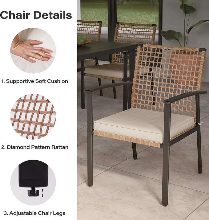 LAUSAINT HOME 7 Pieces Patio Dining Set, Outdoor Furniture Set of 6 Wicker Chairs (2 of Them Swivel) with Soft Cushion and Iron Slats Table Top with Umbrella Hole, Conversation Set for Backyard - Image 3