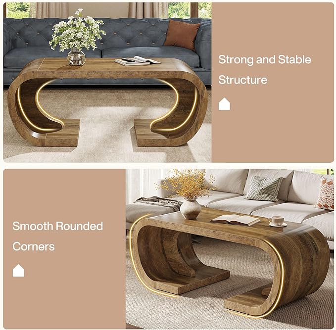 Tribesigns Farmhouse Coffee Table, 47" Heavy Duty C-Shaped Center Table with Curved Base, Large Tea Table for Living Room, Entertainment Room, Home Office, Rustic Brown