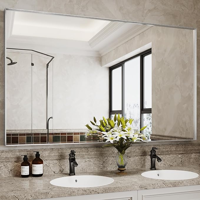Suidia Bathroom Mirror, 60" x 36" Wall Mirror Metal Framed, Bathroom Vanity Mirror for Living Room Bedroom Bathroom Entryway, Silver, Rect Corner Style by SuidiaMirror