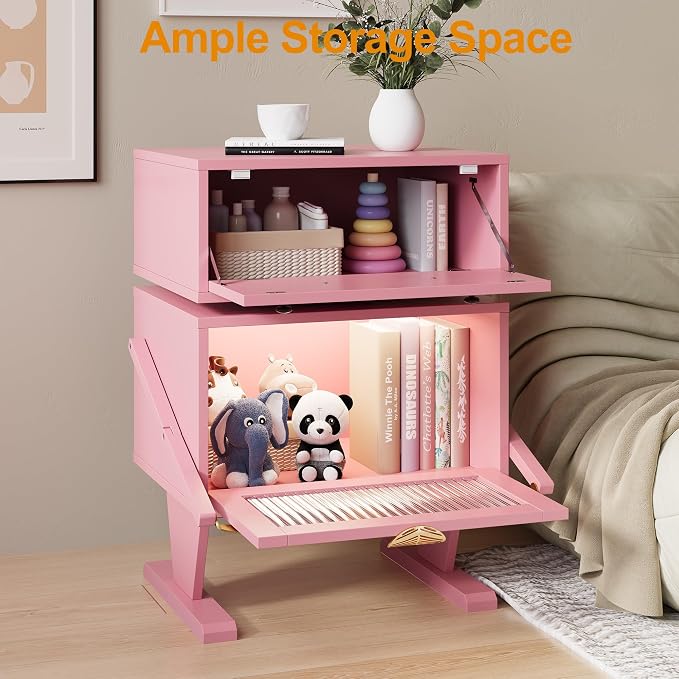 RoyalCraft Large Nightstand with LED Lighs, Pink End Table with 360°Rotating Drawer, Modern Bedside Table with Storage, Wood Night Stand for Bedroom, Home Office, Pink - Image 3