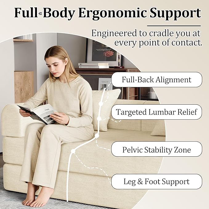 53.15'' Convertible Compressed Corduroy Folding Cloud Sofa Bed, Modern Boneless Pull Out Loveseat Sleeper in a Box, 4 in 1 Floor Mattress Futon Cloud Couch, No Assembly Needed, Beige, 2 Pillows, Full