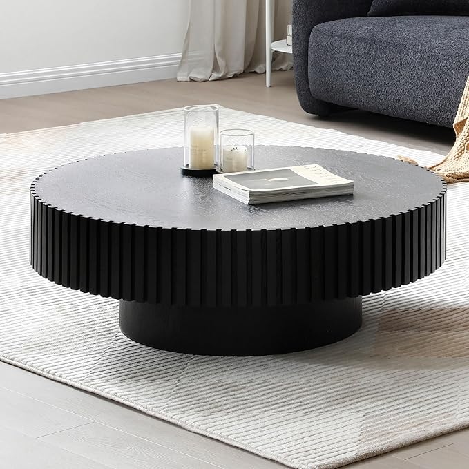 WILLIAMSPACE 31.49" Black Round Coffee Table, Modern Luxury Wood Circle Drum Center Table for Living Room, Accent Side End Table for Apartment, ø31.49'' x 13.77''H (Black)