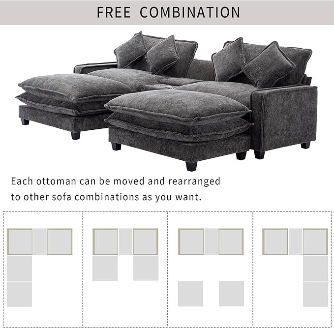 Sectional Sofa Chenille Upholstered with 2 Removable Ottoman, 2 USB Ports, 2 Cup Holders Large Storage Box for Living Room