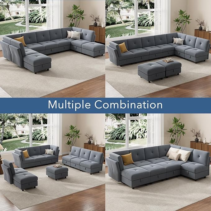 IDEALHOUSE Modular Sectional Sofa, 9 Seat with Storage & Convertible Ottomans, U-Shaped Velvet Couch High Support Design, Modern Living Room Sofa Bed, Blue