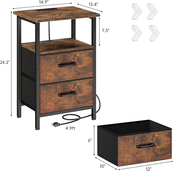 Vagusicc Nightstand Set of 2, Rustic Brown, with Charging Station and USB Ports, Bedside Table with 2 Fabric Drawers, 24.2" Tall Side Table with Storage Shelf,Small Night Stand for Bedroom/Living Room - Image 3