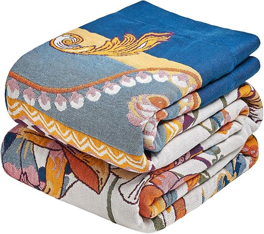 Boho Throw Blanket - 50"x60" 100% Cotton Ultra Soft Lightweight Spring Blanket, 4-Layer Breathable Muslin Blankets for Bed Couch, Reversible Yellow Floral Printed Bohemian Cotton Quilt