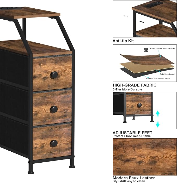 Tohomeor Narrow Dresser Tall Skinny Storage Tower Vertical Slim Chest of Drawers with Charging Station Small Nightstand Side Table for Bedroom, Bathroom, Small Spaces (Rustic Brown, 3 Drawers) - Image 6