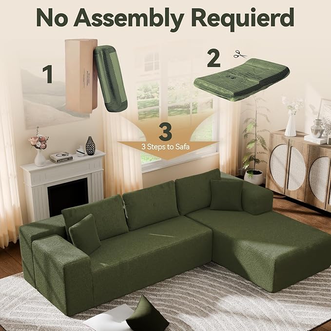 106" Modular Sectional Sofa, Green Wool Cloud Couch with Left Chaise, Deep Seat Boneless Floor Sofa for Living Room, High-Resilience Foam Support, No Assembly Required, Includes Pillows | Sectional Sofa, Corduroy Cloud, Boneless, High-Resilience, No As...