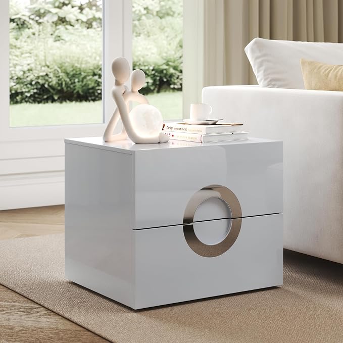 Modern Nightstand with 2 Drawers,Grey Night Stands with Circular Handle Design,Wood Bed Side Tables Bedroom,High-Gloss Side End Table for Bedroom, Living Room, and Small Spaces,Easy Assembly by Unknown
