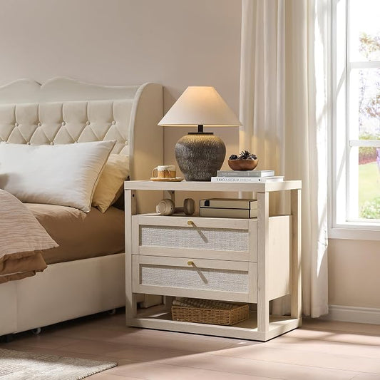 VividVibe Light Oak Night Stand, Nightstand with Drawers and Double Storage Shelf - Rattan Boho Bedside Tables Large Nightstands Wooden Bed Side Table, Modern Farmhouse Accent Bedroom End Table by Unknown
