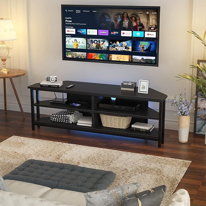 Unikito Corner TV Stand With Power Outlet, Corner Entertainment Center Corner TV Table With 4 Open Storage Corner TV Cabinet Wood TV Stand For Living Room,Bedroom Corner TV Stand For 55 inch TV, Black - Image 6