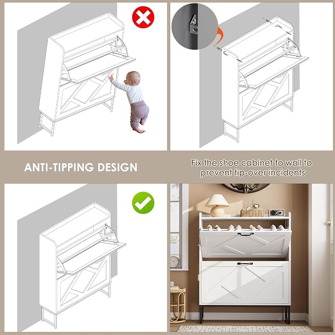 Nicetree Shoe Storage Cabinet with 2 Flip Drawers, Freestanding Shoe Organizer, Shoe Cabinet with Metal Legs, Narrow Shoe Rack Cabinet, Farmhouse Slim Shoe Cabinet for Entryway, Foyer, Hallway, White - Image 9