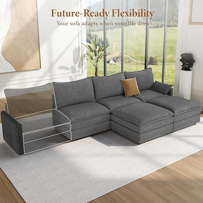 Vesgantti 108" U Shaped Sectional Couch, Comfy Cloud Modular Sectional Sofa with 2 Ottoman Deep Seat Chenille Modern Cloud Sofa, Modular Sofas for Living Room, Bedroom and Apartment, Gray