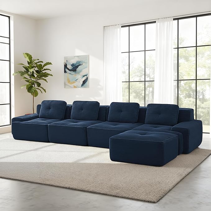 Casaphoria 150'' Corduroy Cloud Couch, 4-Seat L-Shaped Sectional Sofa with 4 Pillows & Ottoman for Living Room, Deep Seat Boneless Couch for Modern Apartment, No Assembly Required, Blue