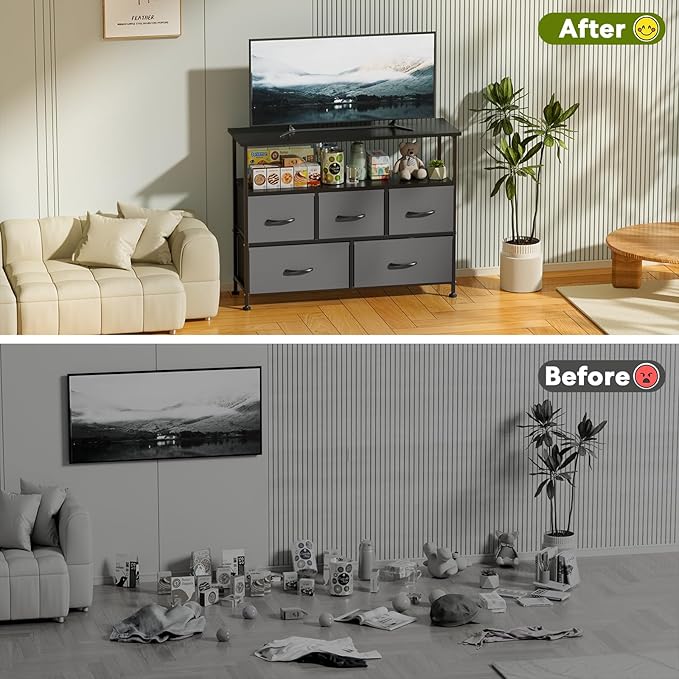 Simple Deluxe TV Stand Dresser for Bedroom Entertainment Center with 5 Fabric Drawers, Storage Organizers Units for Living Room, Media Console Table with Open Shelf up for 45" TV, Gray, Wood top