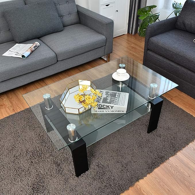 39.4'' Rectangle Glass Coffee Table, Black Coffee Table with Tempered Glass & Metal Legs, 2-Tier Modern Center Table with Storage Shelf, Clear Glass Coffee Tables for Living Room, Apartment, Office