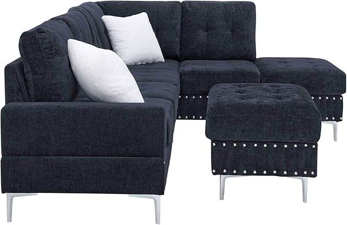ERYE 102-Inch L-Shaped Corner Sectional Sofa Chenille Upholstered Tufted Corner Sofa Couch with Storage Ottoman and Nailhead Decor,Modern L-Shaped Convertible Couches