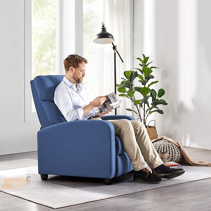 Topeakmart Fabric Recliner Sofa Push Back Recliner Chair Adjustable Modern Single Reclining Chair Upholstered Sofa with Pocket Spring Living Room Bedroom Home Theater Light Blue