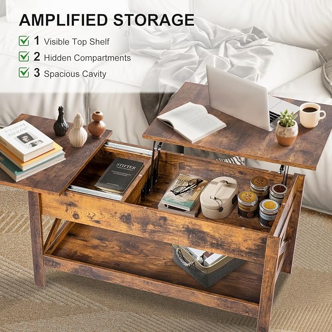 Lift Top Coffee Table with Storage, Small Coffee Table with Hidden Compartment, Dining Center Tables with Lifting Tabletop for Living Room, Home Office