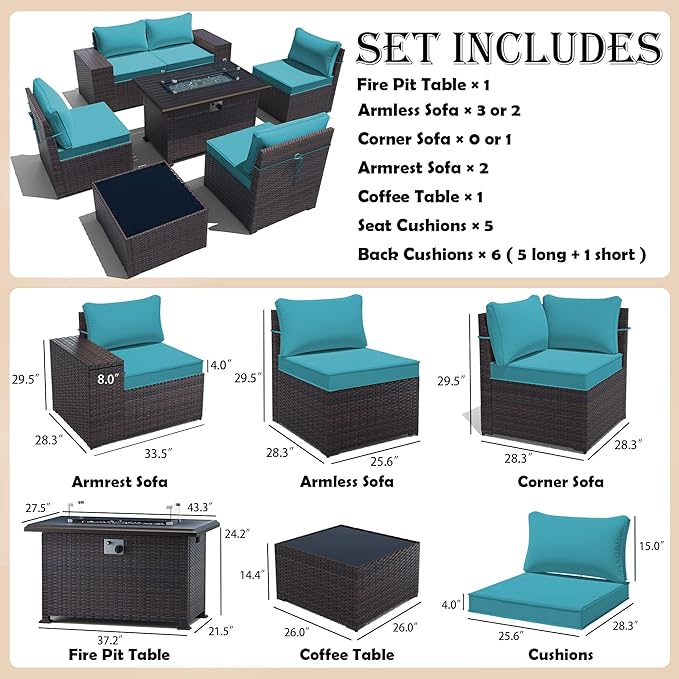 Gotland 7 Pieces Patio Furniture Set with 55000BTU Fire Pit Table, Wicker Patio Set with Wide Armrests 29.5'' High Backrest Thick Cushions 1 Coffee Table, Outdoor Furniture for Porch Deck Green