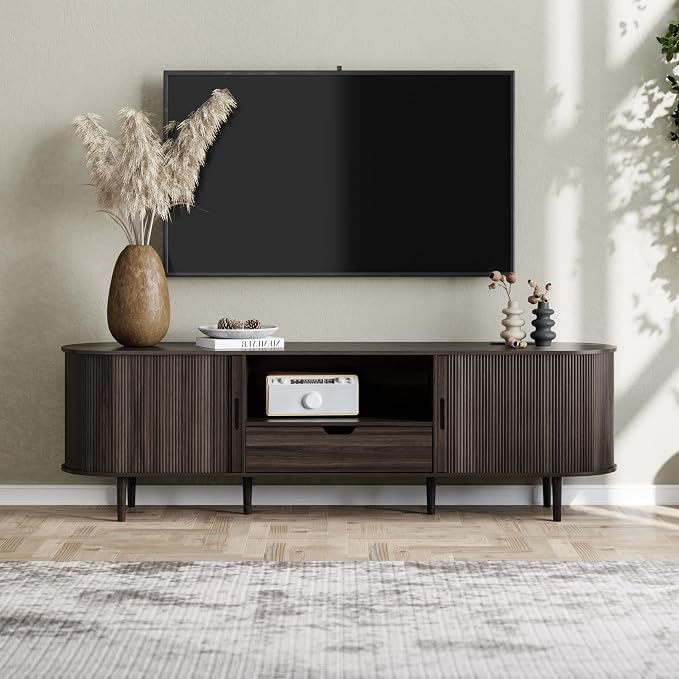 DHH 71" Fluted TV Stand with Power Outlet for TVs up to 80", TV Console with Adjustable Shelves and Sliding Door,Mid Century Modern Entertainment Center for Living Room,Bedroom (Dark Walnut, 71Inch) by DHHFurnitureBuyNow