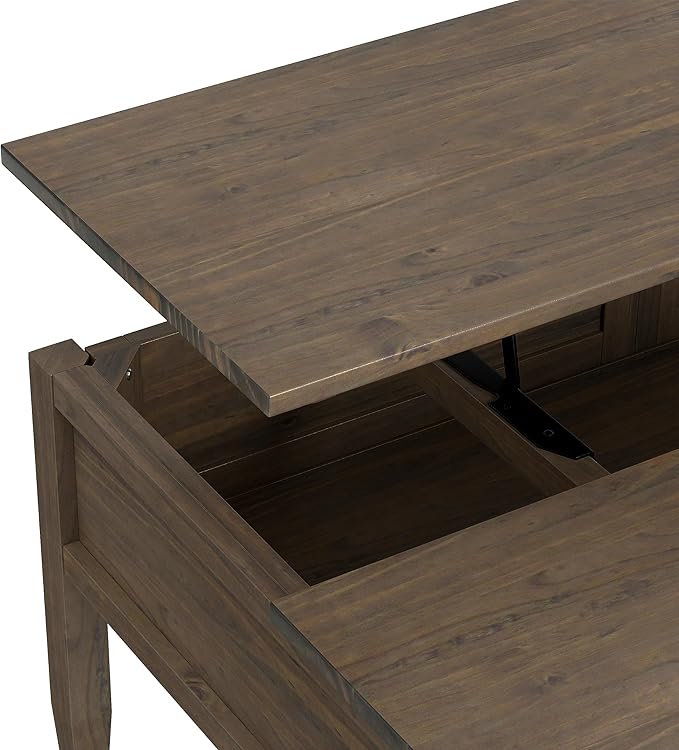 SIMPLIHOME Ela SOLID WOOD 48 Inch Wide Rectangle Transitional Lift Top Coffee Table in Smoky Brown, For the Living Room and Family Room