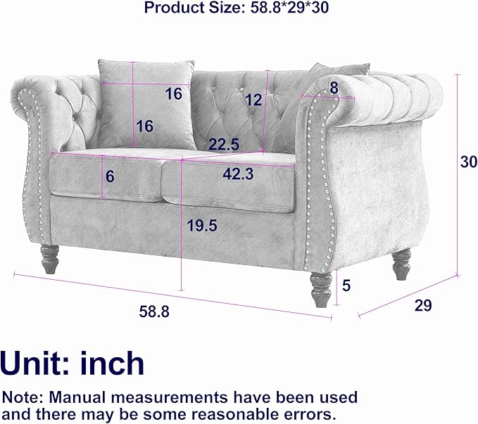 KEIKI Chesterfield Sofa, Retro Style Upholstered 2 Seater Velvet Couch with Rolled Arm for Living Room Bedroom Office Apartment, Beige