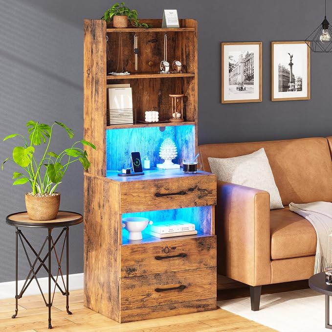 AOGLLATI Tall Nightstand with Charging Station and LED Lights, Night Stand with 3 Drawers, Rustic Brown Bedside Table with Bookshelf, Modern End Side Table for Bedroom - Image 2