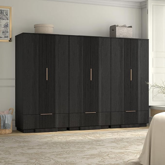 Yechen 67" Fluted Armoire Wardrobe Closet Set of 3 with Doors and Drawer, Wooden Wardrobe Closet Cabinet with Adjustable Shelve, Modern Small Armoires Storage Clothes, Coats for Bedroom, Black, 3pcs