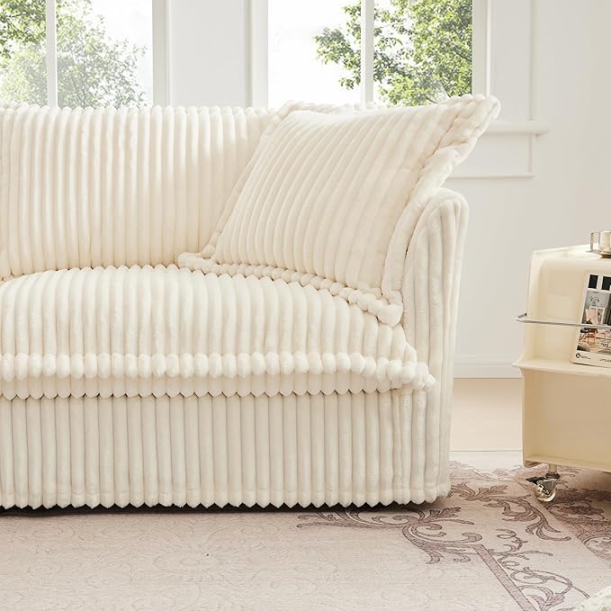 KEIKI 83" Corduroy Sectional Sofa, White Comfy Sleeper Cloud Couch Set with 2 Pillows, Modern Deep Soft Cushion Seat Sofa, Cozy Upholstered Loveseat for Apartment & Living Room, Cream