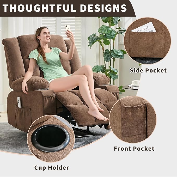 Massage Recliner Chair for Adults with Vibration Lumbar Heat Wide Large Ergonomic Reclining Sofa with 8 Massage Nodes 3 Positions Side Pockets Cup Holders