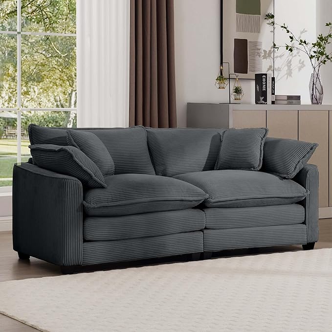 KEIKI 80" Oversized Corduroy Modular Sectional Loveseat Sofa with High-Density Foam Cushions, Removable Armrests, Upholstered Modern 2-Seater Fluffy Corner Couch with 4 Pillow, for Living Room, Grey