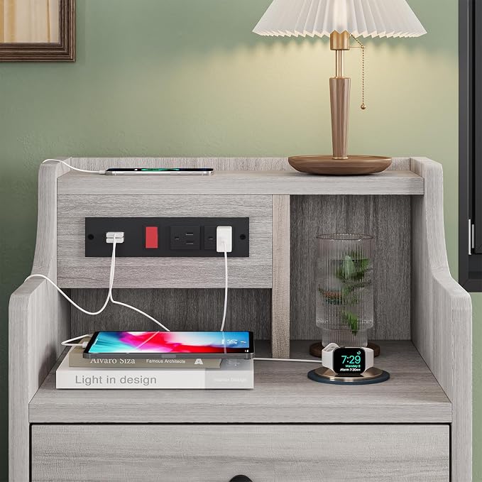 ADORNEVE Nightstand Set 2,Gray Nightstand with Charging Station & Hutch,Night Stands for Bedrooms Set of 2,Bedside Table with Drawers - Image 4