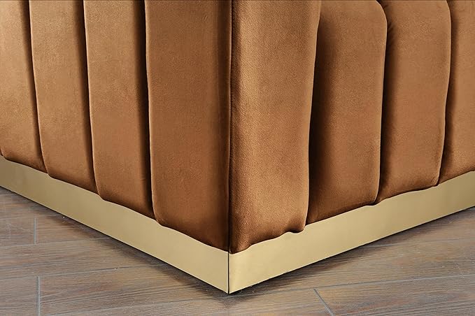 Meridian Furniture 603Saddle-S Marlon Collection Modern | Contemporary Velvet Upholstered Sofa with Deep Channel Tufting, Stainless Steel Base in a Brushed Gold Finish, Saddle, 86.5" W x 34" D x 28" H