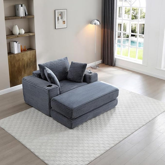 Eafurn 52.4" Oversized Chaise Lounge Indoor with Foldable Ottoman Convertible Boneless Sleeper Sofa Bed, Deep Seat Lounge Chair with Cup Holder & Side Pocket, No Assembly for Living Room | Breathable material, Cupholders