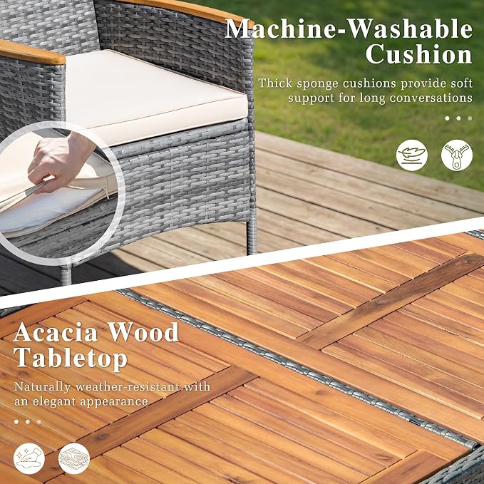 Devoko Outdoor Patio Dining Sets 9 Pieces Wicker Outdoor Dining Table and Chairs Set with Acacia Wood Table Top and Widened Armrests for Backyard, Garden, Deck (Grey) - Image 3