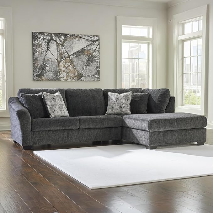 Signature Design by Ashley Biddeford Contemporary L-Shaped Right-Arm Facing 2-Piece Sectional with Chaise, Loose Seat Cushions and 4 Accent Pillows, Gray