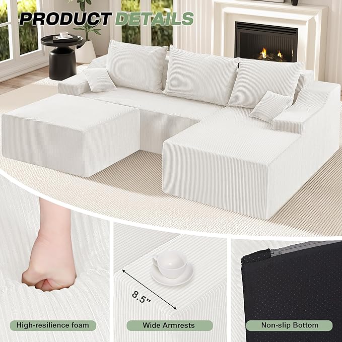 HABUTWAY 94“ U Shaped Modular Sectional Couch for Living Room, Modular Cloud Sofa with Ottoman, No Assembly Boneless Couches with Deep Seat, Corduroy Fabric (Beige, Right Facing)