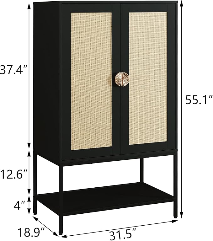 Bedroom Armoire,Wooden Rattan Armoires Metal Frame with Large Storage Space & Elegant Handle 2 Doors for Bedroom(Black)