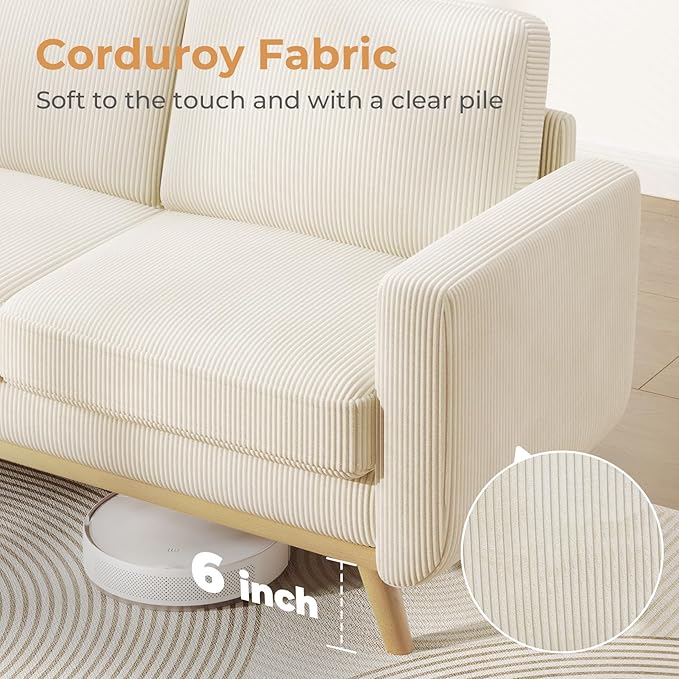 68" Beige Corduroy Loveseat Sofa, Comfy Deep Seat Couch with Spring Cushion & Solid Wood Frame, Modern 2-Seater Sofa for Living Room Bedroom Office
