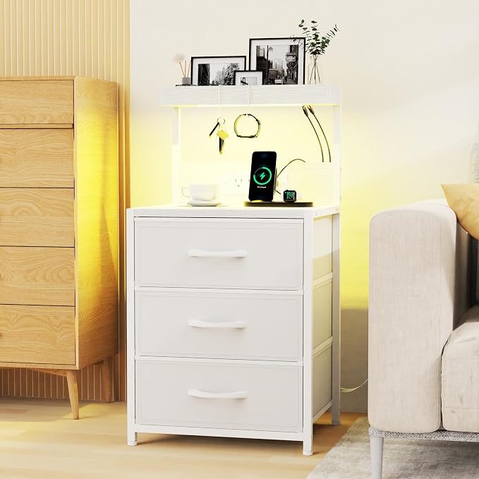 Night Stand with Charging Station Set of 2, LED Nightstand Bedside Table with USB Ports and Outlets, 3 Fabric Drawer End Side Table Night Stand Set 2 for Bedroom with Storage Shelf and 2 Hooks, White - Image 6