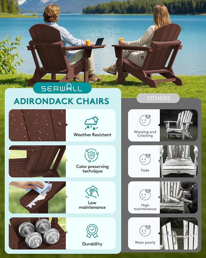 SERWALL Folding Adirondack Chair for Outdoor, Paito Adirondack Chairs with 4 in 1 Cup Holder, All-Weather Patio Chairs with Wood Texture, Fire Pit Chairs for Deck Porch Garden Poolside -Coffee - Image 12
