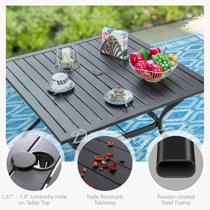 PHI VILLA 37" Patio Table for 4, Metal Outdoor Dining Table with E-Coating, Square Steel Slated Outdoor Table with 1.57" Umbrella Hole for Garden Backyard, Black - Image 6