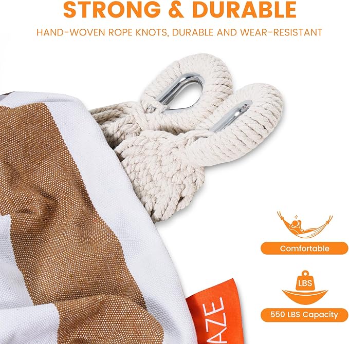 Lazy Daze Hammocks Double Brazilian Cotton Hammock, Extra Large Portable Outdoor Camping Hammock with Tree Straps & Travel Bag for Backyard Patio Poolside Indoor, 550lbs Capacity, Brown & White - Image 4